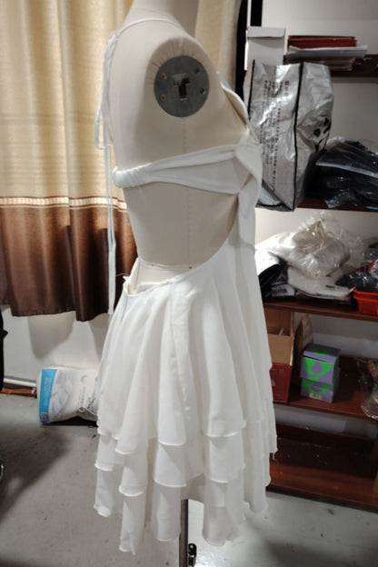 Color Lace Up Backless Halter Cake Skirt Dresses