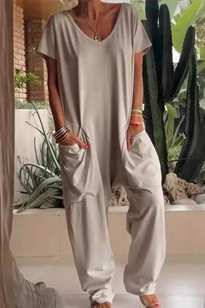 Daily Color Pocket V Neck Loose Jumpsuits(8 Colors)