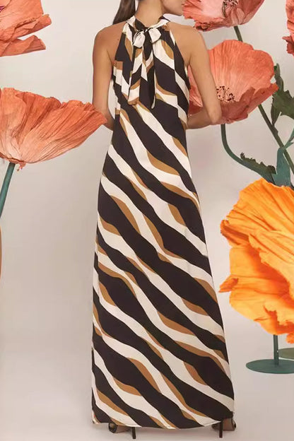 Daily Striped Print Lace Up Contrast Halter One Step Skirt Dresses