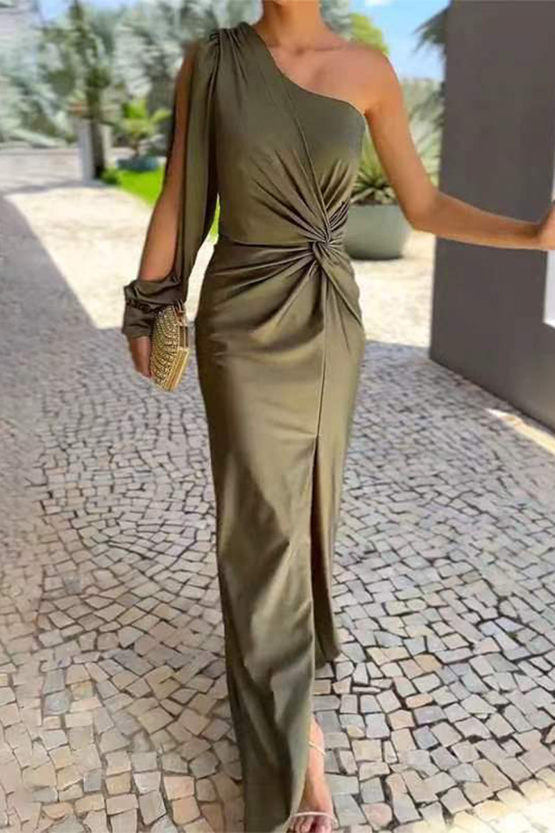 Color Slit Ruched Knotted Sloping Shoulder Long Dresses
