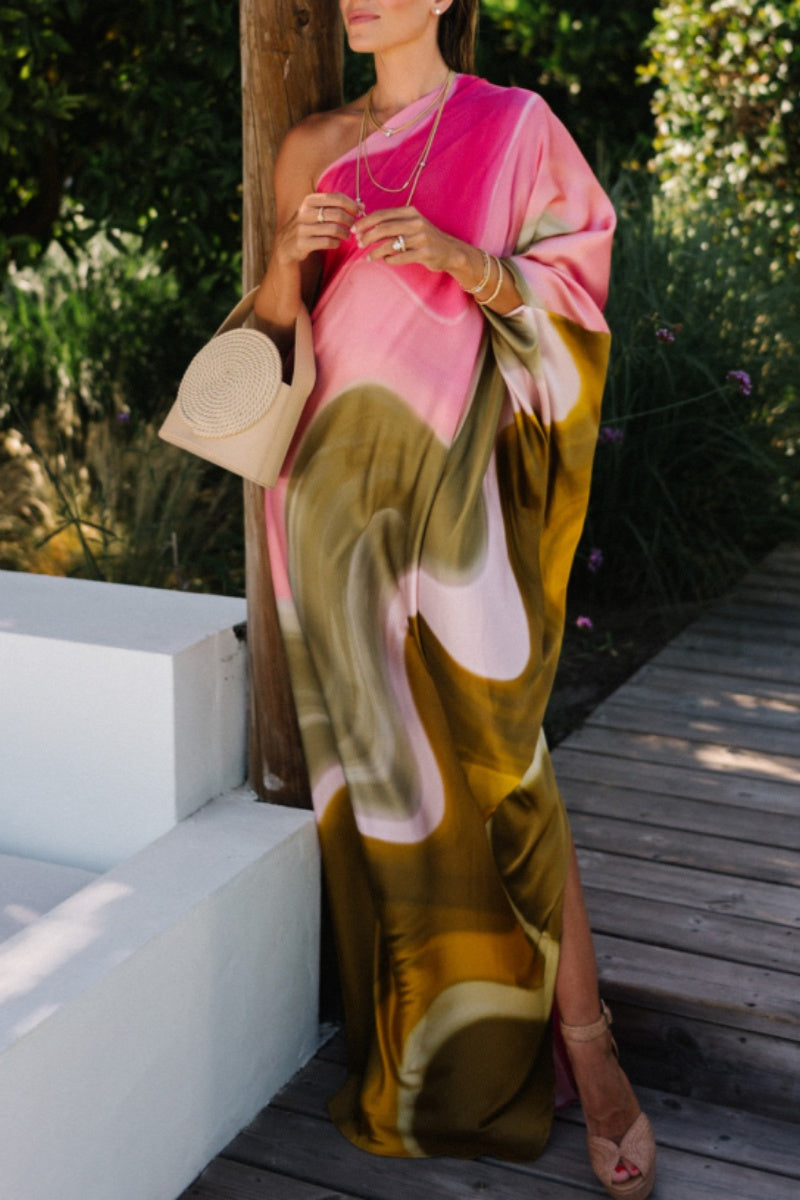 Print Backless Oblique Collar Long Dresses