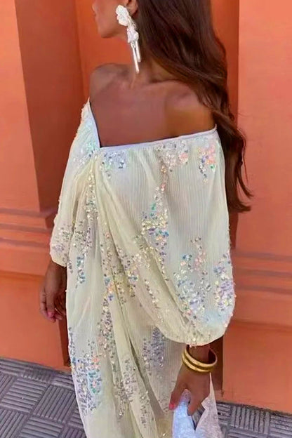 Celebrities Color Sequins V Neck One Step Skirt Dresses