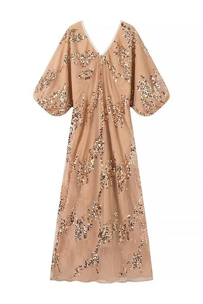 Celebrities Color Sequins V Neck One Step Skirt Dresses