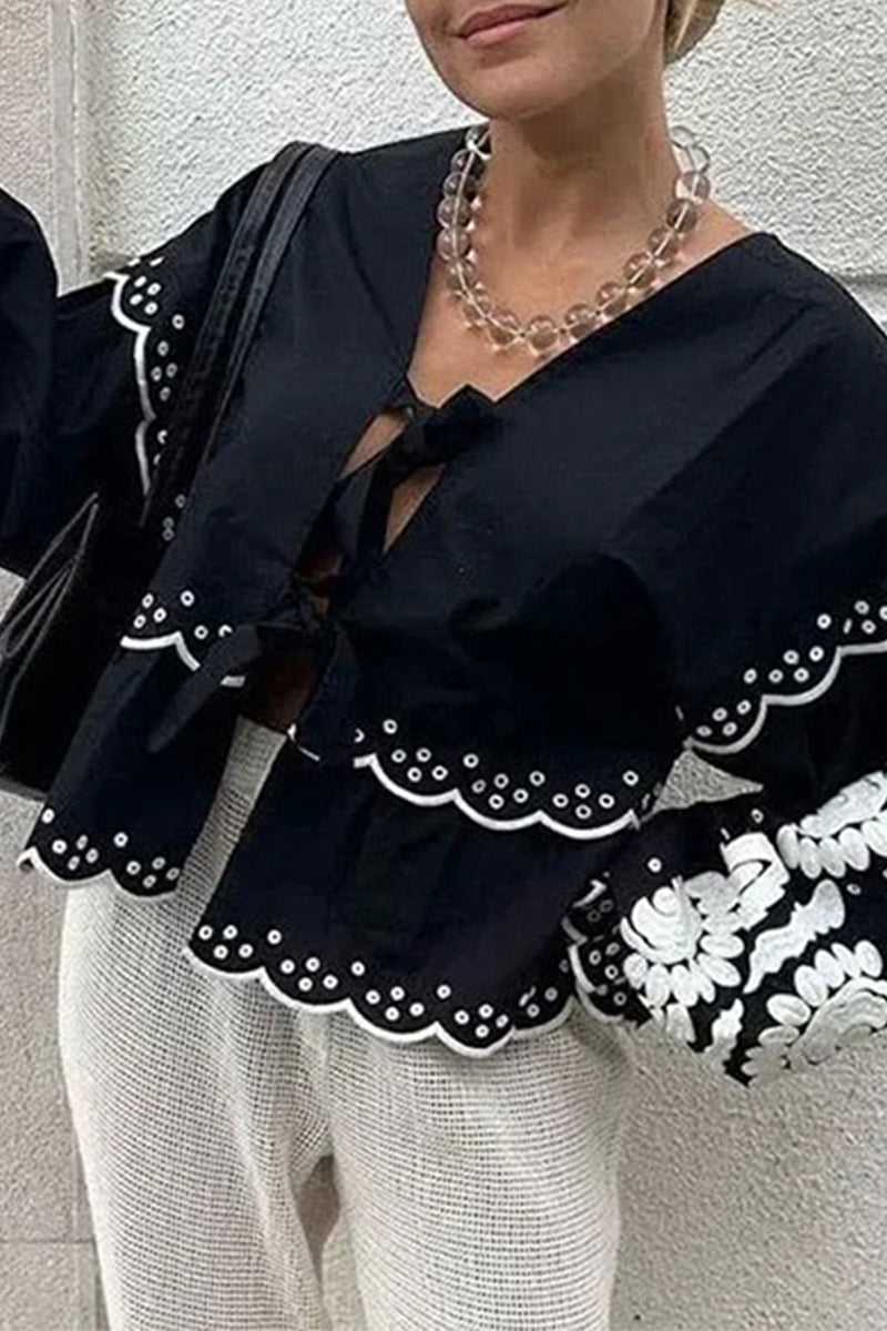 Color Hollow Out Lace Up Patchwork V Neck Blouses(3 Colors)
