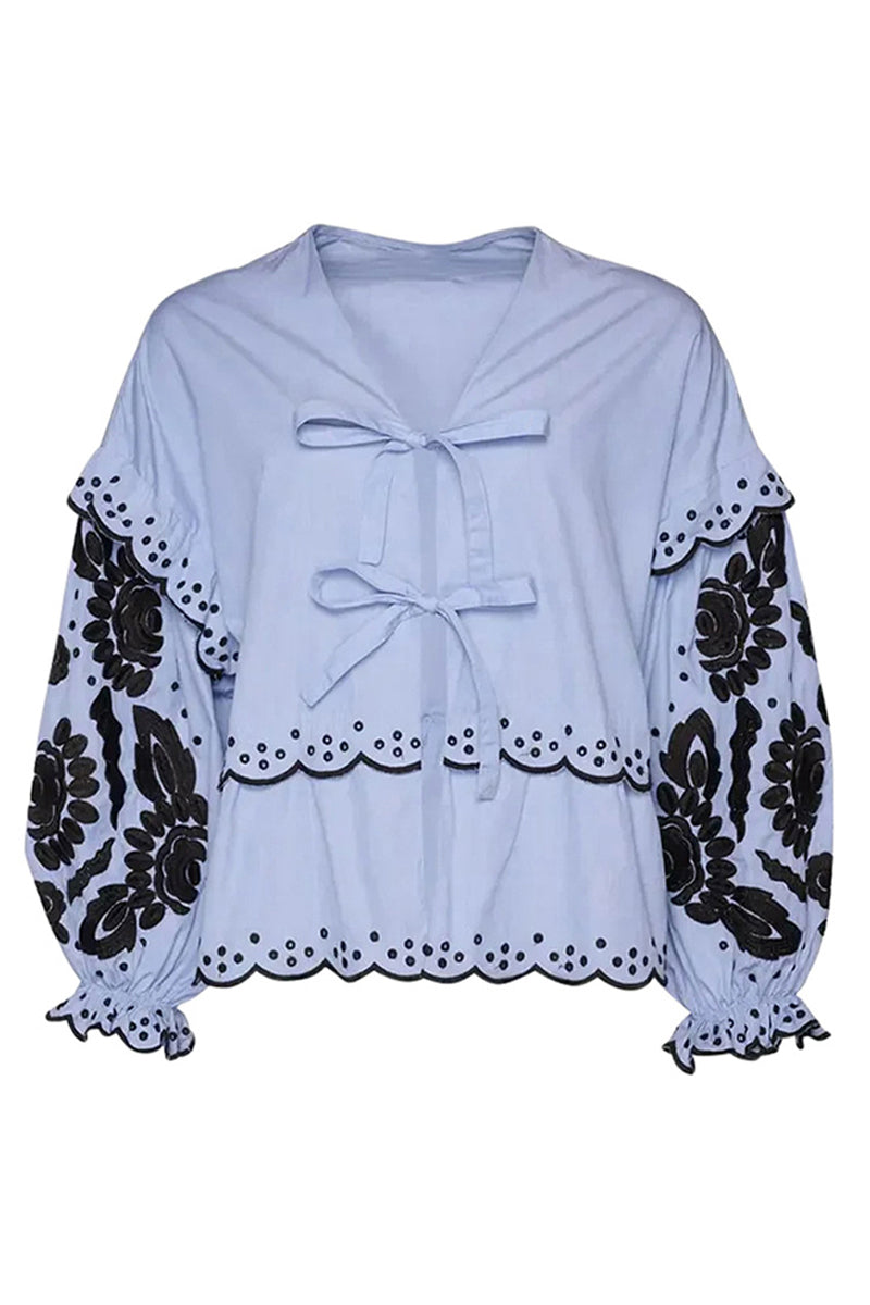 Color Hollow Out Lace Up Patchwork V Neck Blouses(3 Colors)
