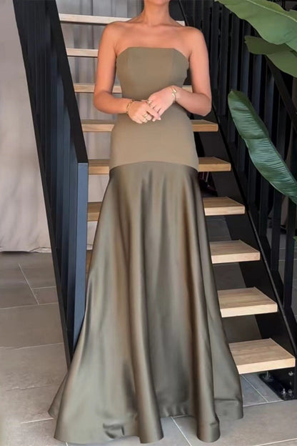Formal Patchwork Backless Contrast Strapless Long Dresses