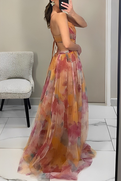 Gradient Print Backless Contrast V Neck Long Dresses