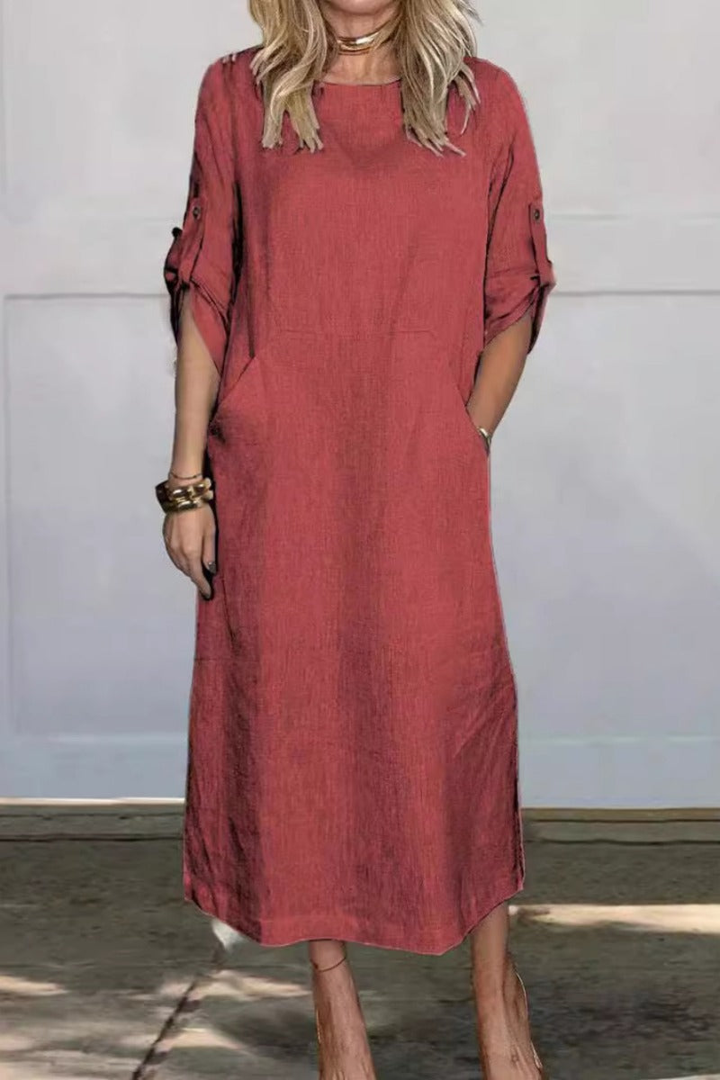 Color Pocket O Neck Long Dresses(7 Colors)