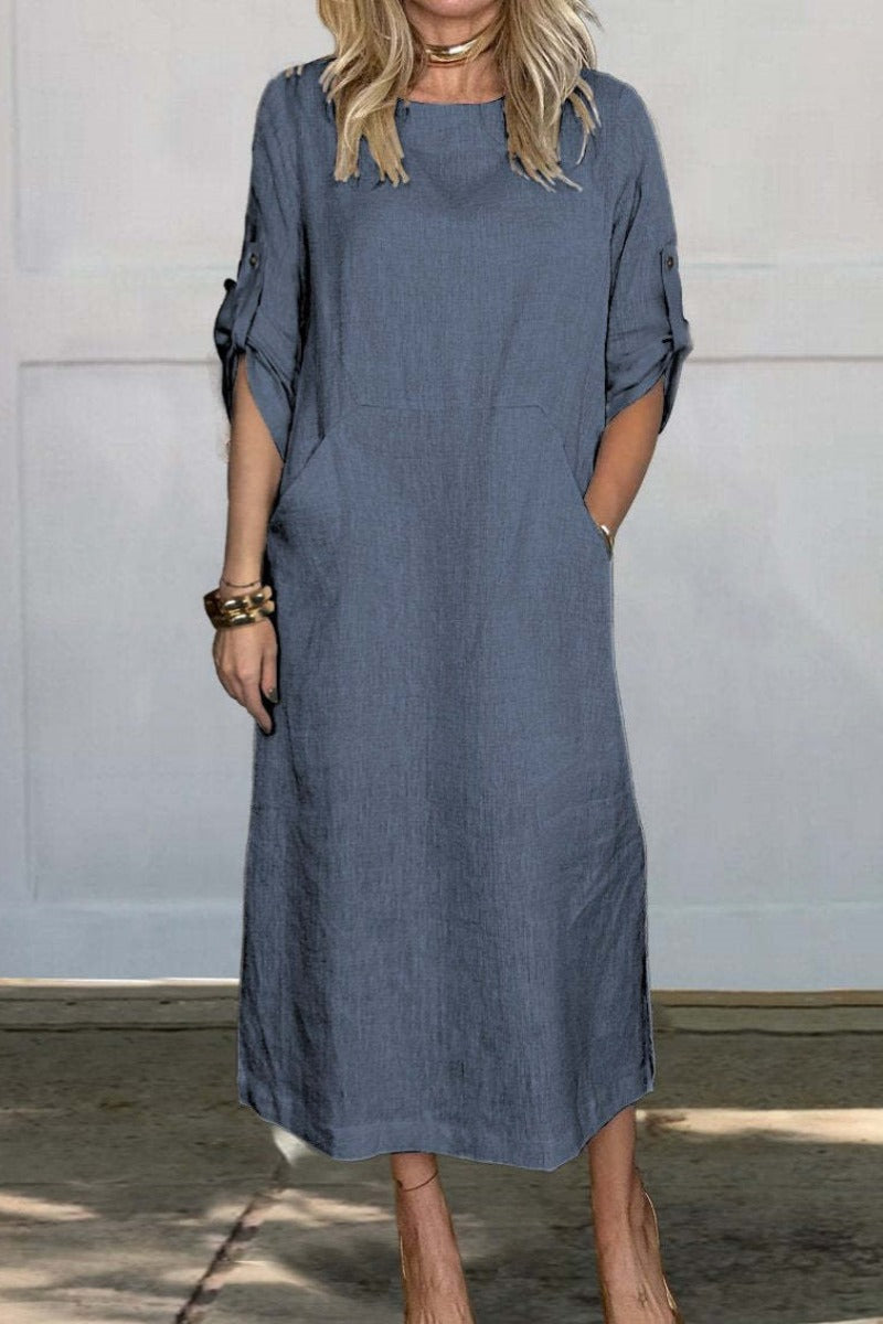 Color Pocket O Neck Long Dresses(7 Colors)