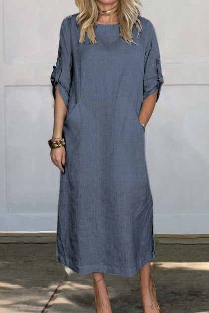 Color Pocket O Neck Long Dresses(7 Colors)