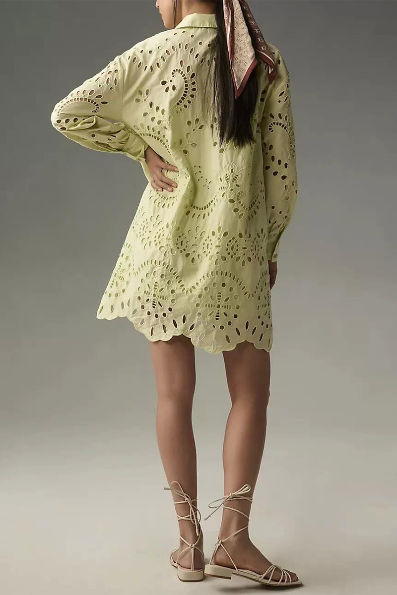 Daily Color Hollow Out Buckle Turndown Collar Blouses(4 Colors)