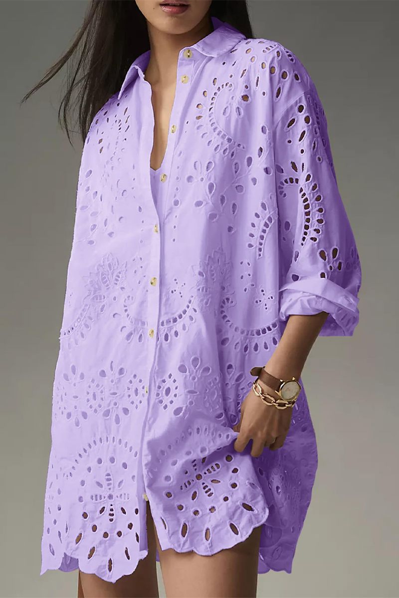 Daily Color Hollow Out Buckle Turndown Collar Blouses(4 Colors)