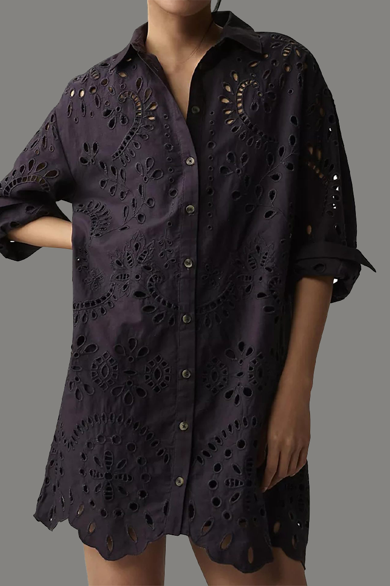 Daily Color Hollow Out Buckle Turndown Collar Blouses(4 Colors)
