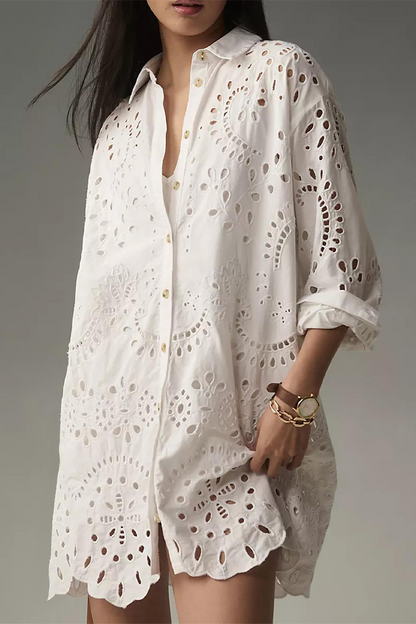 Daily Color Hollow Out Buckle Turndown Collar Blouses(4 Colors)