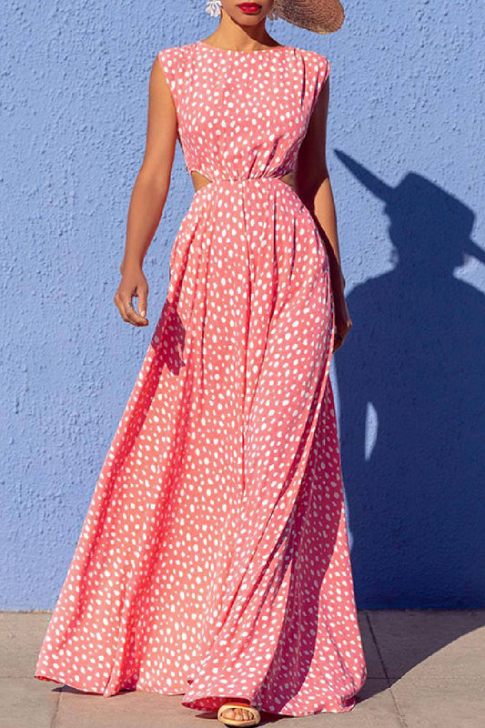 Polka Dot Print Hollow Out O Neck Long Dresses