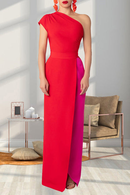 Street Color Backless High Slit Patchwork Contrast Oblique Collar Long Dresses