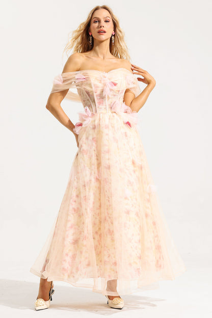 Mesh 3d Off-shoulder Midi Dress