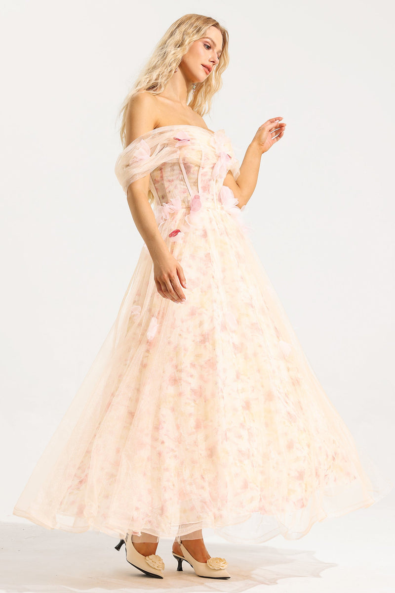 Mesh 3d Off-shoulder Midi Dress