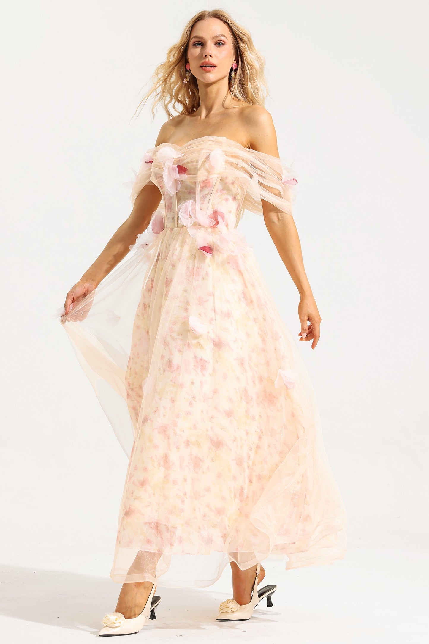 Mesh 3d Off-shoulder Midi Dress