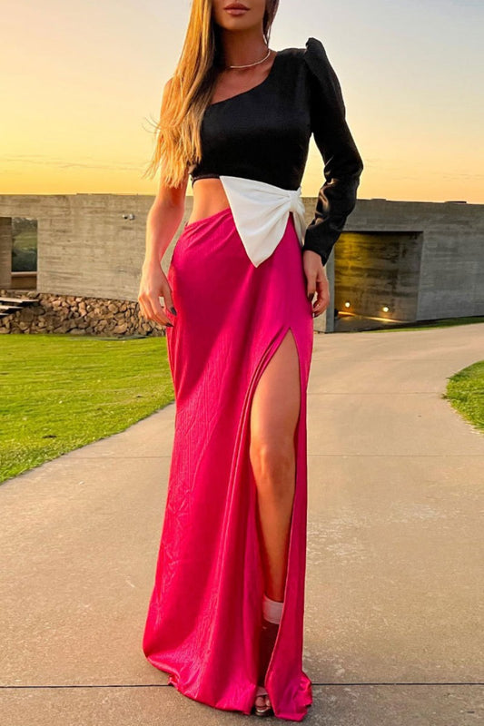 Patchwork Hollow Out Slit Bow Decor Oblique Collar Long Dresses