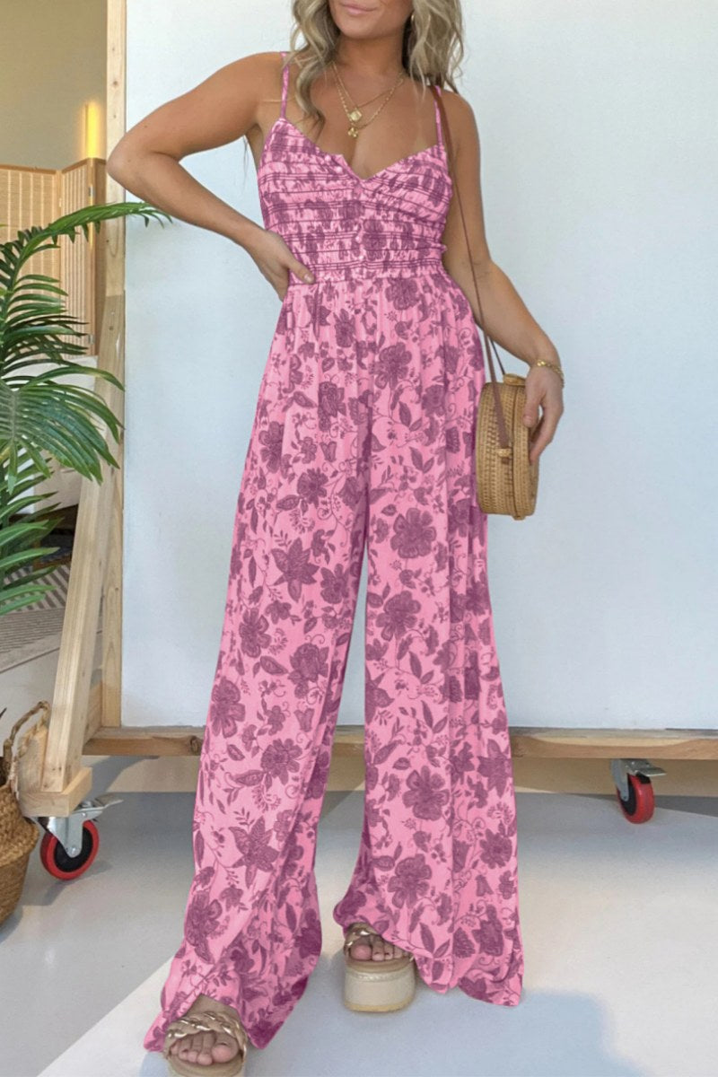 Print Backless Spaghetti Strap Regular Jumpsuits(6 Colors)