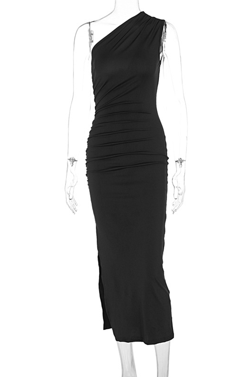 Color Slit Oblique Collar One Step Skirt Dresses