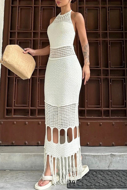 Color Fringed Trim Hollow Out Backless Halter Long Dresses