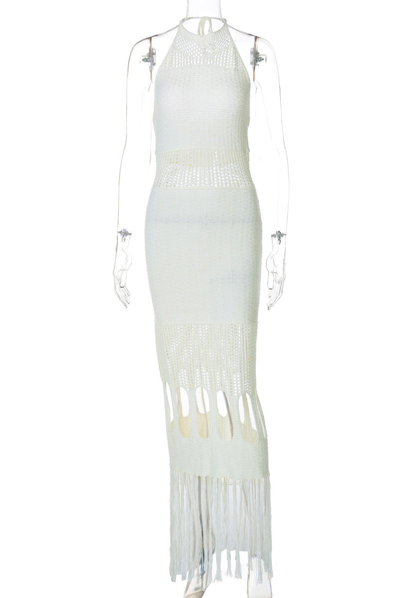 Color Fringed Trim Hollow Out Backless Halter Long Dresses