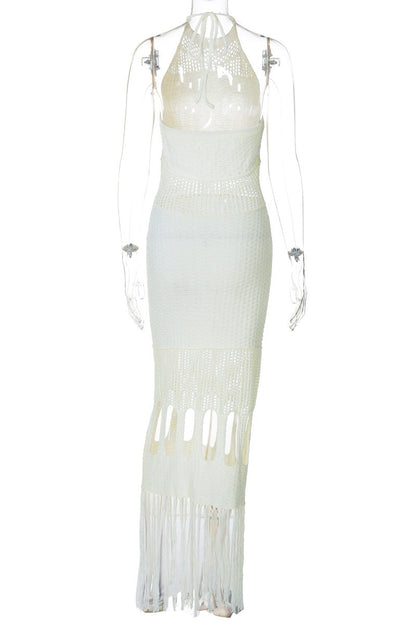 Color Fringed Trim Hollow Out Backless Halter Long Dresses
