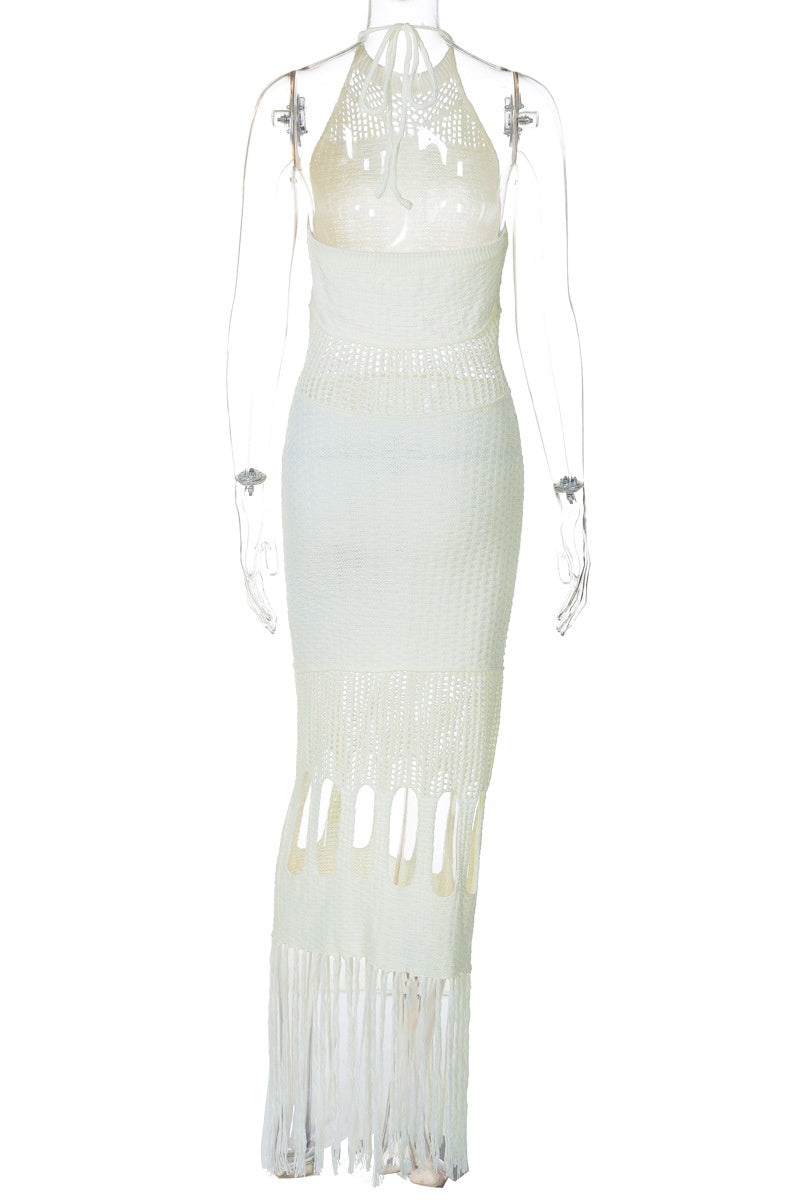 Color Fringed Trim Hollow Out Backless Halter Long Dresses