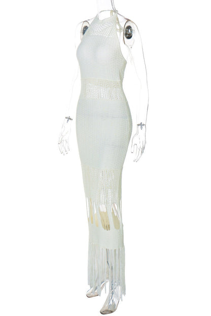 Color Fringed Trim Hollow Out Backless Halter Long Dresses