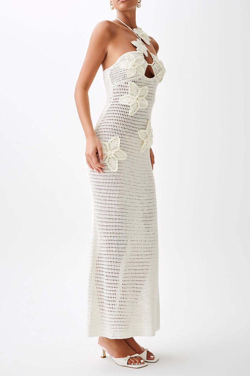 Color Flowers Knit Halter One Step Skirt Dresses(3 Colors)