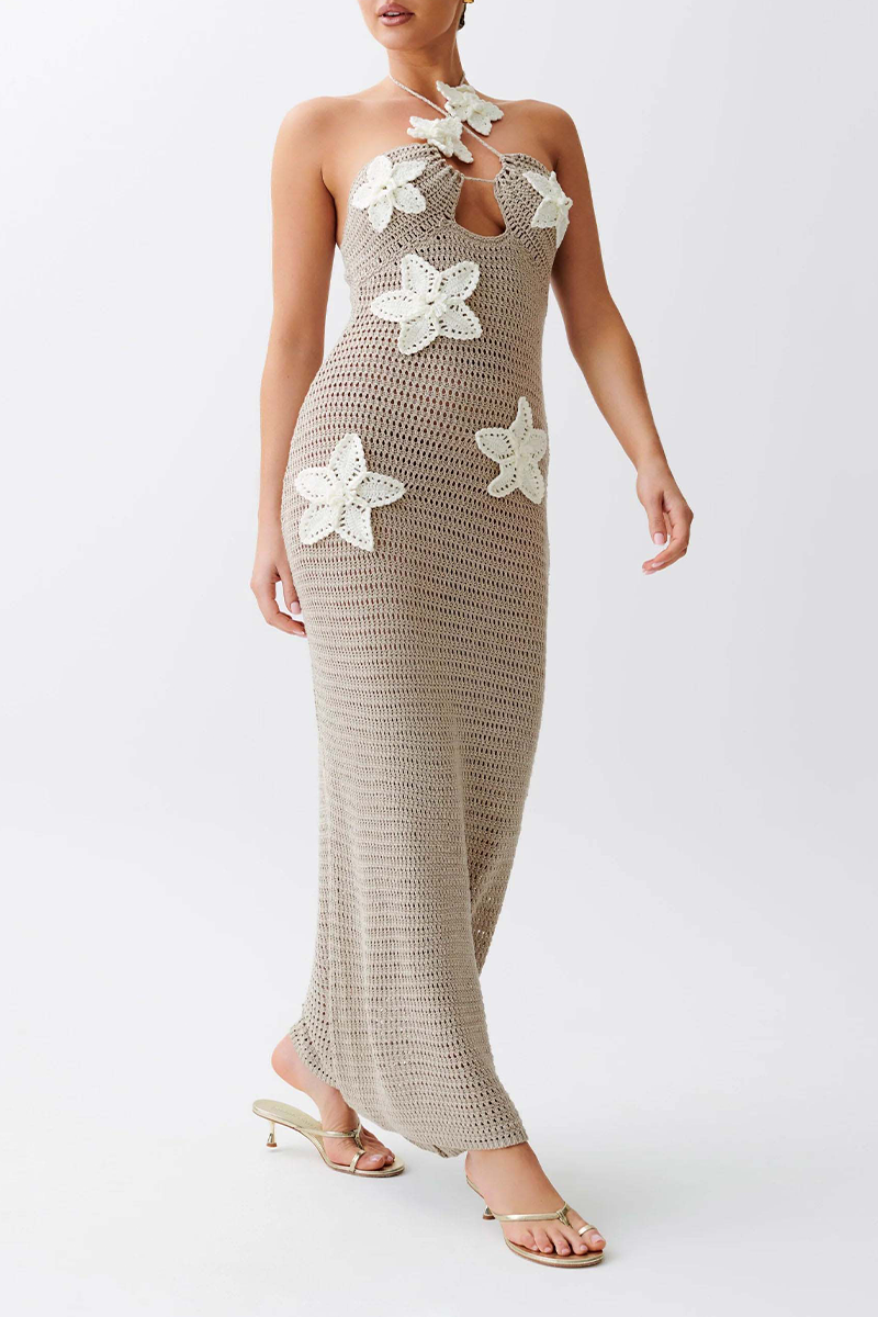 Color Flowers Knit Halter One Step Skirt Dresses(3 Colors)