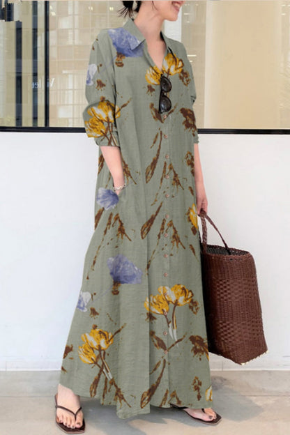 Print Patchwork Shirt Collar Long Dresses