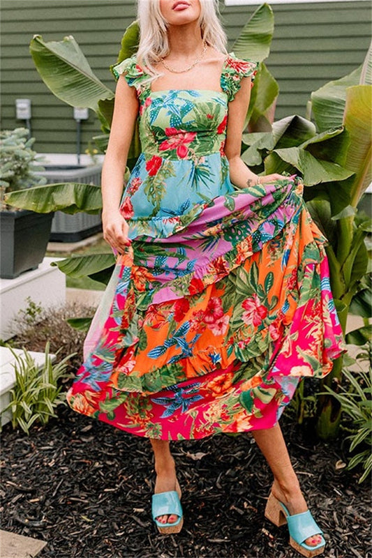 Print Patchwork Backless Square Neck Long Dresses