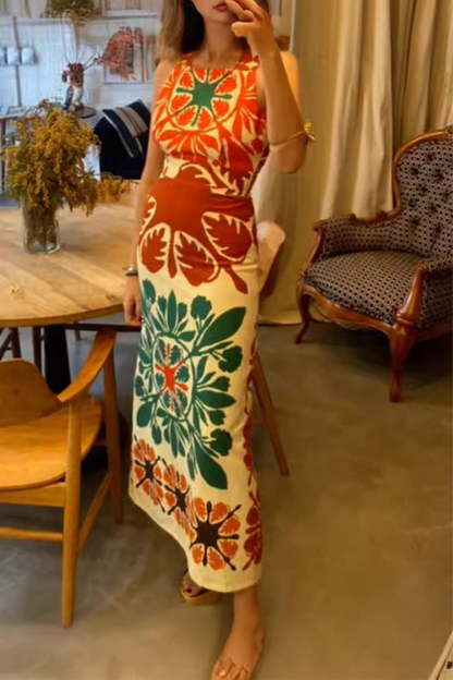 Geometric Print Patchwork Backless Square Neck One Step Skirt Dresses