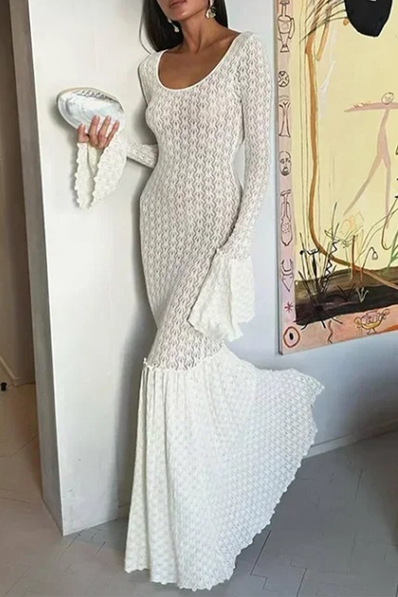 Color Embroidered Hollow Out U Neck One Step Skirt Dresses