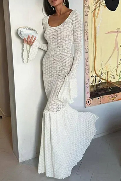 Color Embroidered Hollow Out U Neck One Step Skirt Dresses