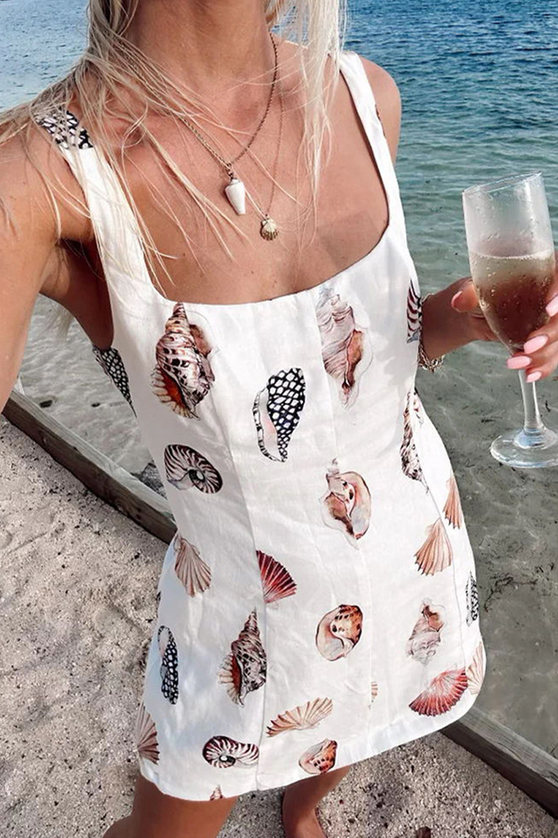 Vacation Graffiti Print U Neck Wrapped Skirt Dresses