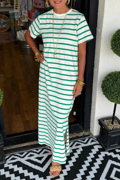 Striped Print Slit O Neck Long Dresses(6 Colors)