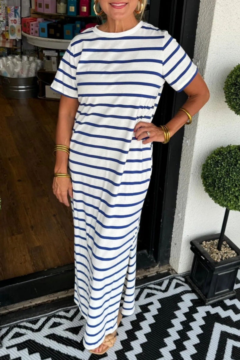 Striped Print Slit O Neck Long Dresses(6 Colors)