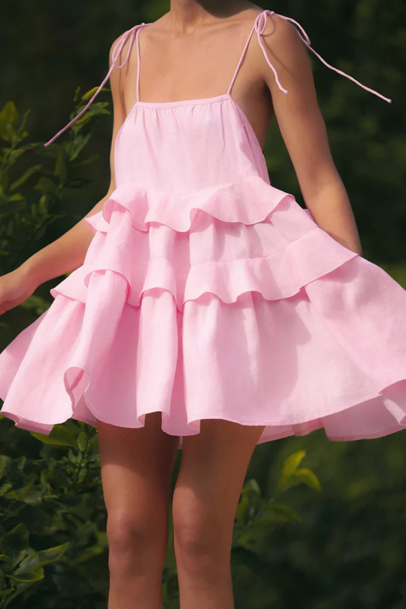 Color Lace Up U Neck Cake Skirt Dresses(3 Colors)
