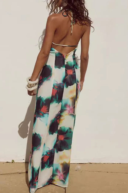 Print Lace Up Backless Halter One Step Skirt Dresses