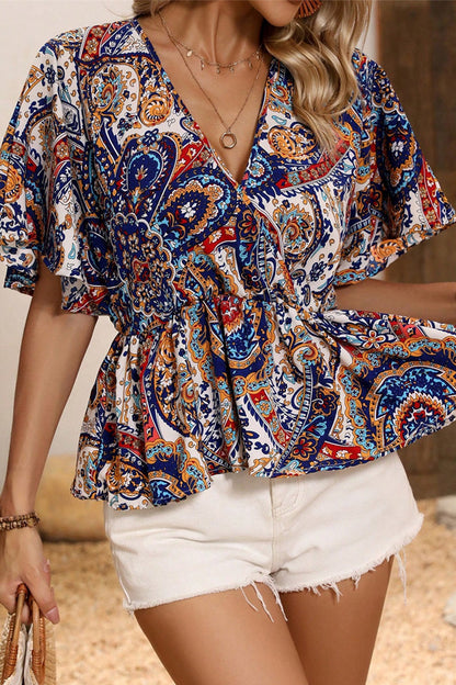 National Totem Print Ruffle V Neck Blouses