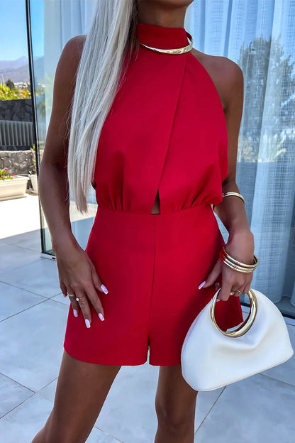 Color Backless Zipper Half a Turtleneck Rompers(4 Colors)