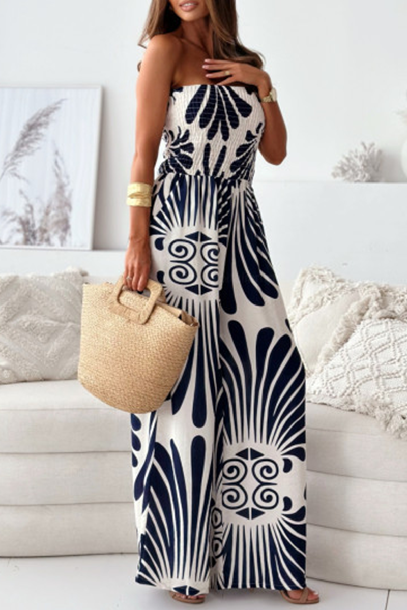 Street Striped Print Pocket Contrast Strapless Loose Jumpsuits(4 Colors)