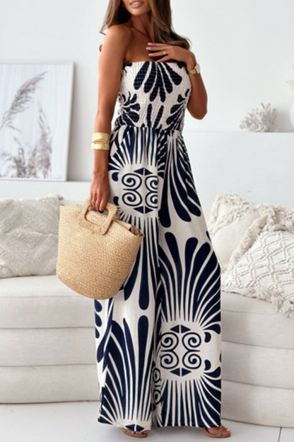 Street Striped Print Pocket Contrast Strapless Loose Jumpsuits(4 Colors)