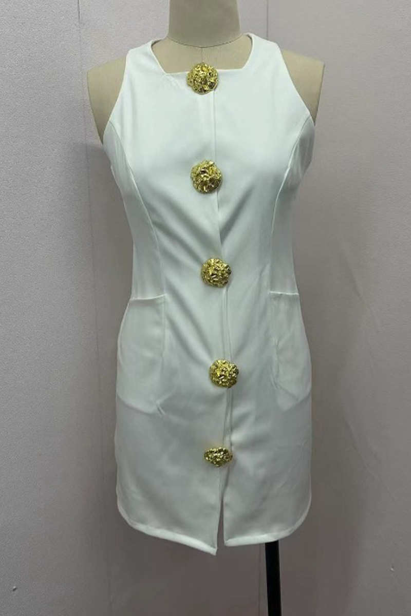 Daily Celebrities Color Buttons O Neck Wrapped Skirt Dresses
