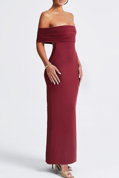 Celebrities Color Hollow Out Patchwork Backless Ruched Off Shoulder Long Dresses
