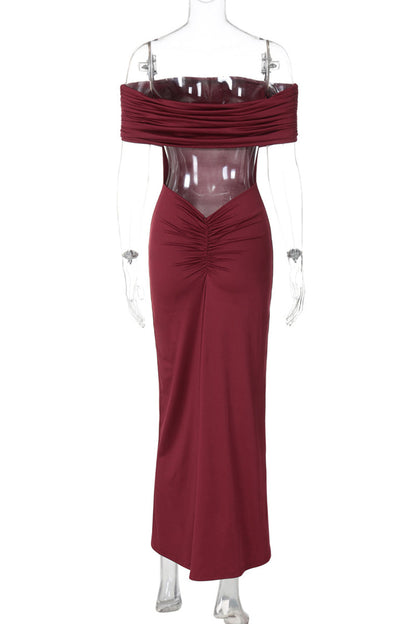Celebrities Color Hollow Out Patchwork Backless Ruched Off Shoulder Long Dresses